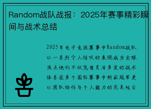 Random战队战报：2025年赛事精彩瞬间与战术总结