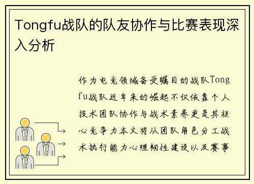 Tongfu战队的队友协作与比赛表现深入分析